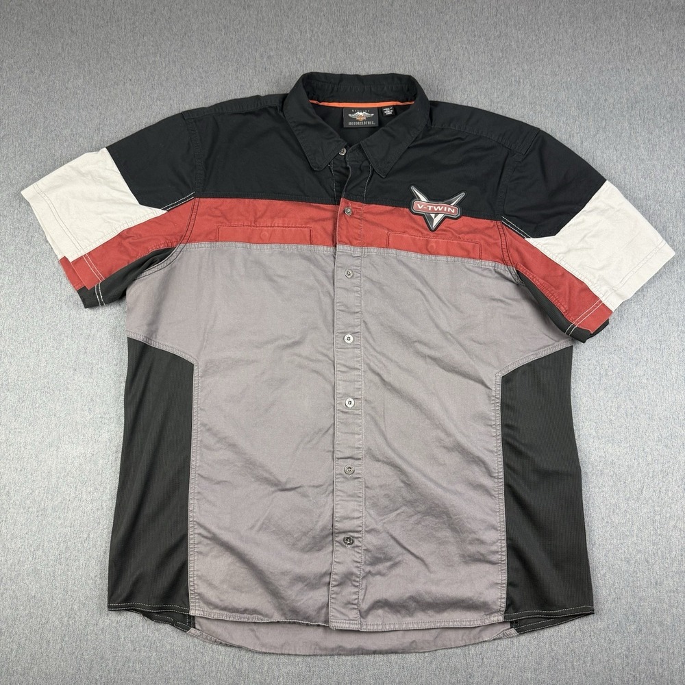 Harley Davidson Mens 2XL Button Up Shirt Gray Black Red V Twin Embroidered Biker